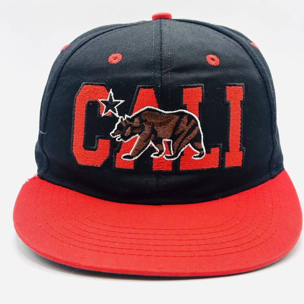 California Snapback Hat Black Red Bear State Flag Embroidered Flat Bill